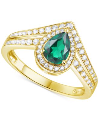 Macy's - Lab-Grown Emerald (1/2 ct. t.w.) & Lab-Grown White Sapphire (1/20 ct. t.w.) Pear Halo V Ring in 14k Gold-Plated Sterling Silver