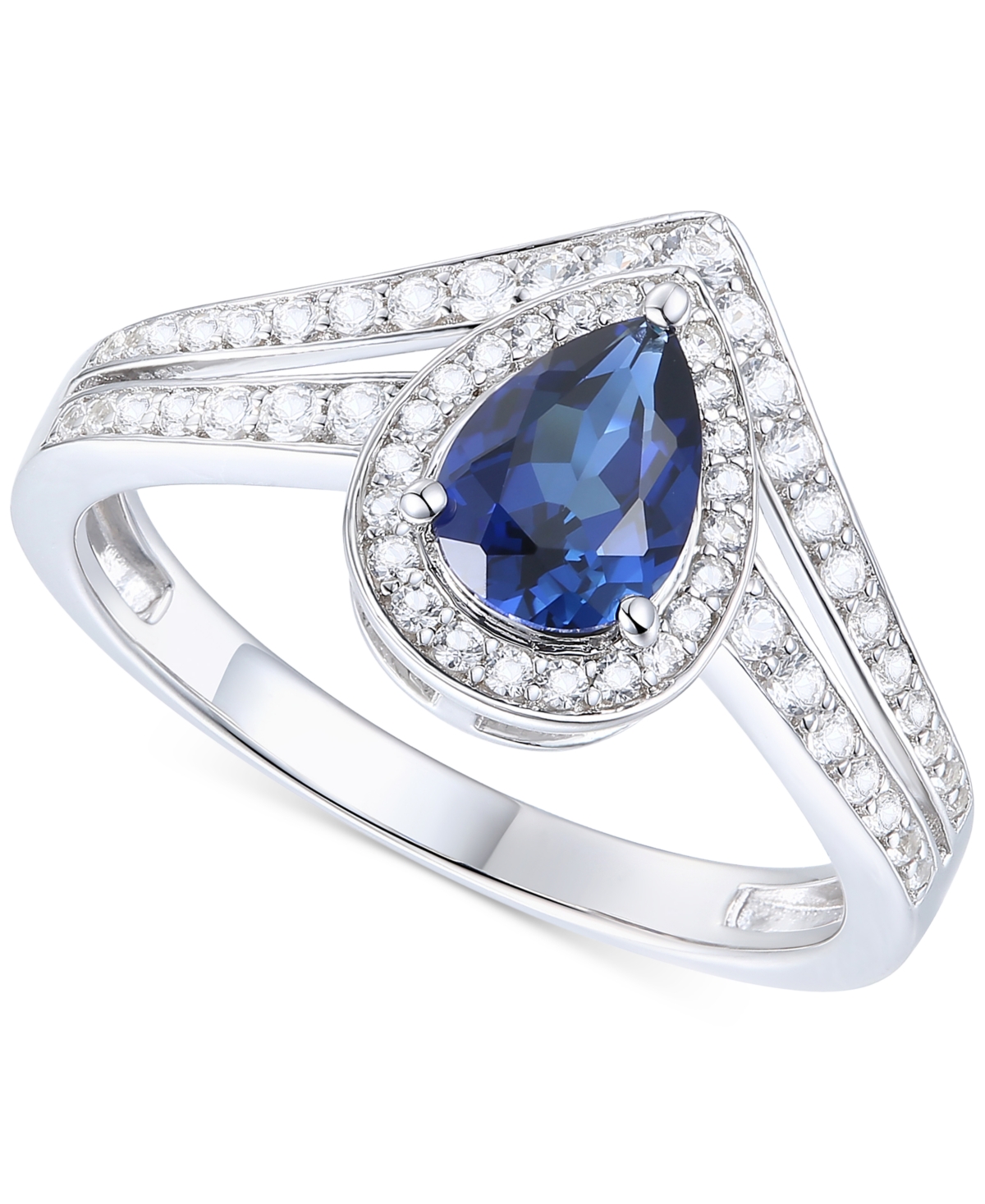 Macy's Lab-grown Emerald (1/2 Ct. T.w.) & Lab-grown White Sapphire (1/10 Ct. T.w.) Pear Halo V Ring In 14k In Sapphire
