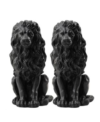 Set of 2 Black Sitting Lion Garden Statue