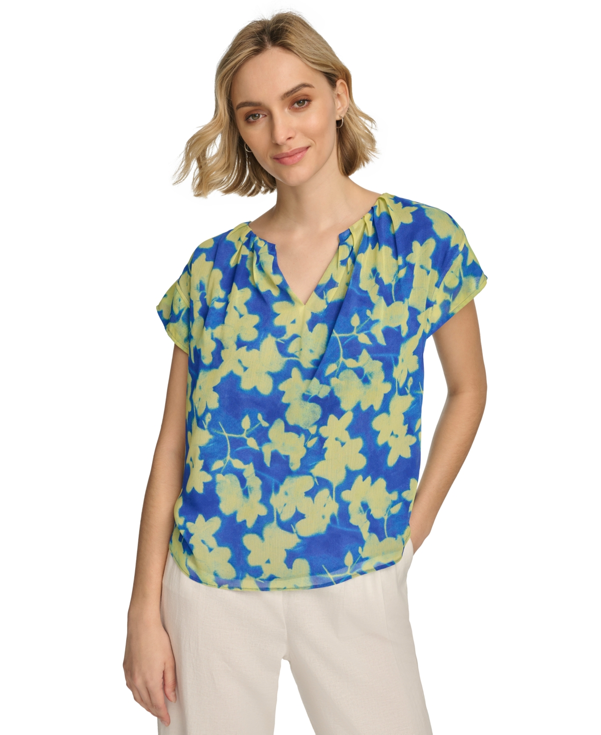 Shop Calvin Klein Women's Short Sleeve Floral-print Blouse In Dazzling Blue Multi