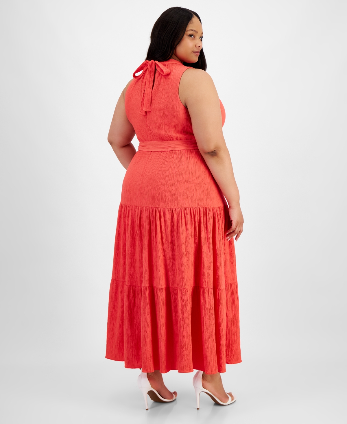 Shop Anne Klein Plus Size Tie-neck Tiered Maxi Dress In Red Pear