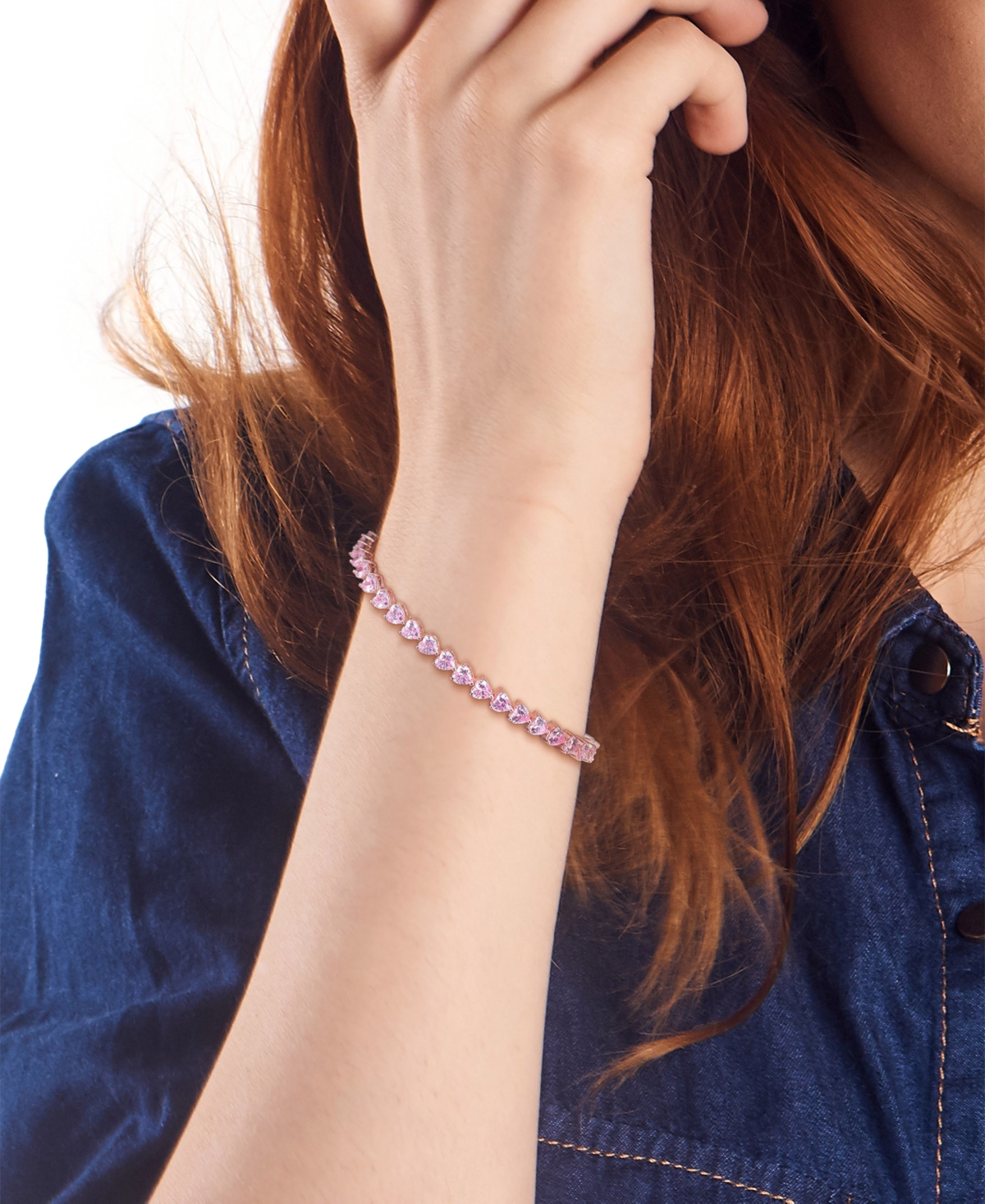 Macy's Lab-grown Pink Sapphire Heart Shape Tennis Bracelet (12-1/3 Ct. T.w.) In Rose-plated Sterling Silver In Pink Sapphire