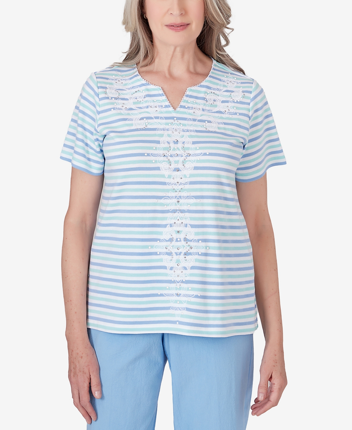 Shop Alfred Dunner Women's Hyannisport Short Sleeve Multi-stripe Medallion Top