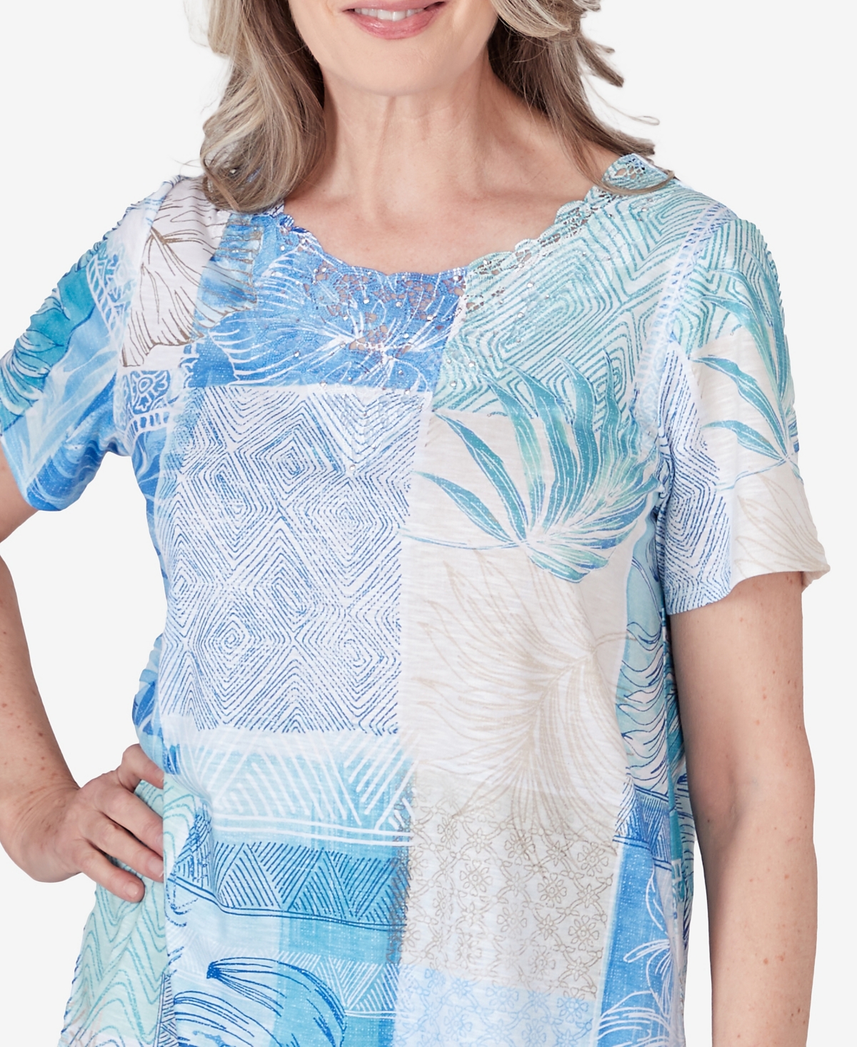 Shop Alfred Dunner Women's Hyannisport Patchwork Leaf Lace Detail Short Sleeve T-shirt In Multi