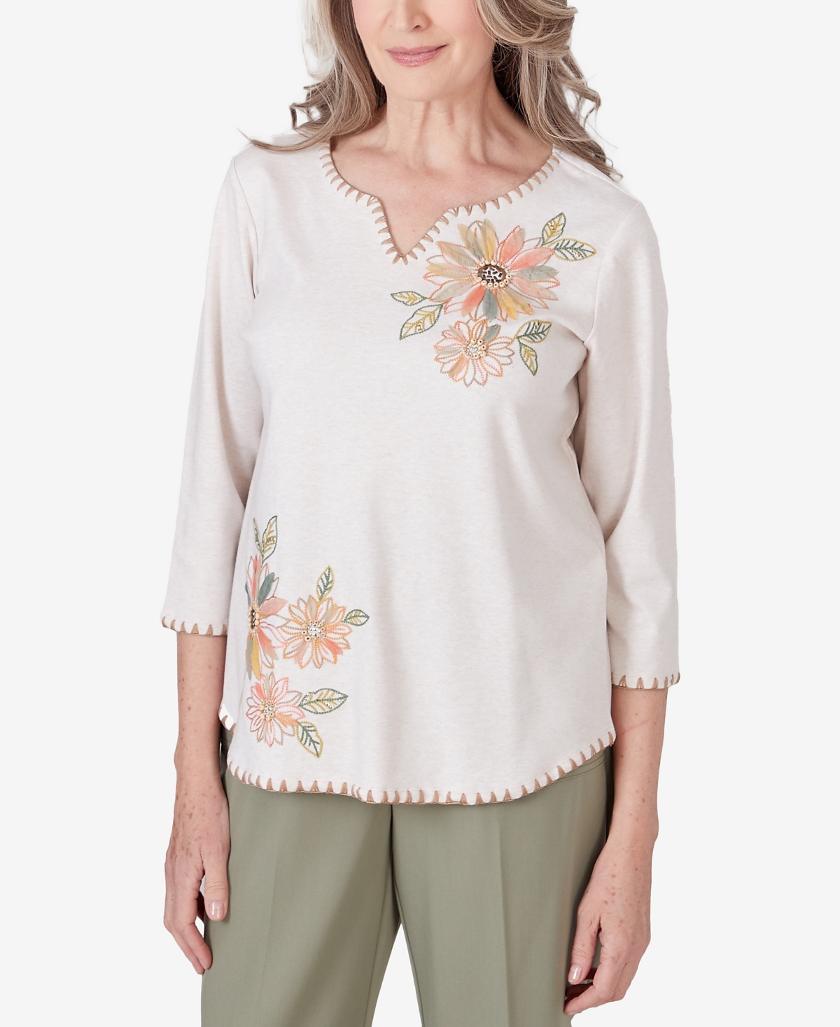 Shop Alfred Dunner Women's Tuscan Sunset Embroidered Flower Round Neck Top In Oatmeal