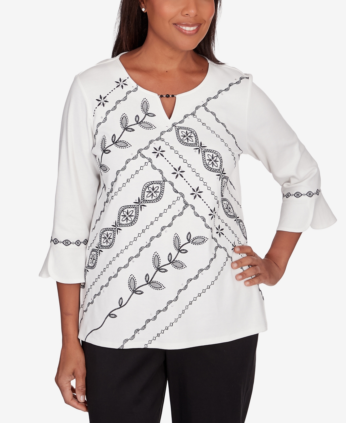 Women's Opposites Attract Embroidered Leaf Keyhole Neck Top - White