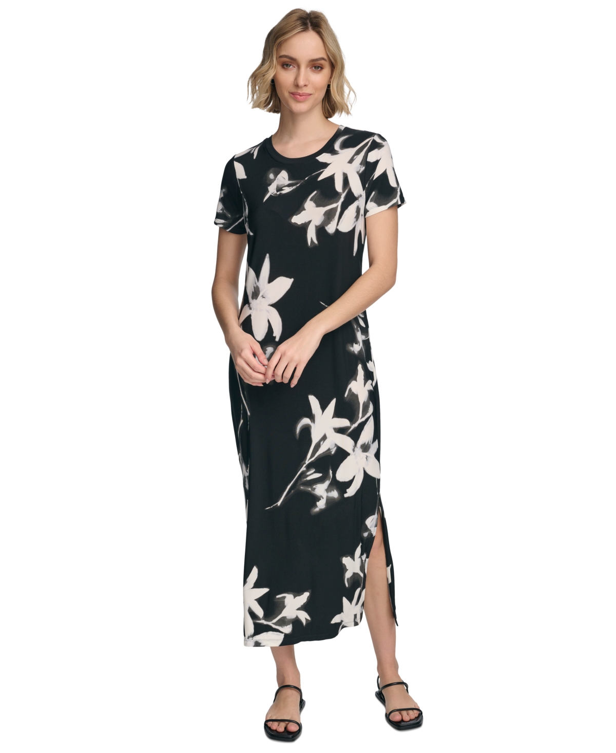 Shop Calvin Klein Women's Short Sleeve Floral Maxi Dress In Black Multi