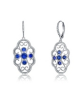 Genevive Classic Sterling Silver White Gold Plated with Round Cubic Zirconia Leverback Filigree Earrings - Blue