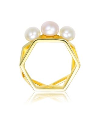 Sterling Silver with 14K Gold Plated 6-6.5MM freshwater Pearls in Adjacent Triangles Design Geometric Ring