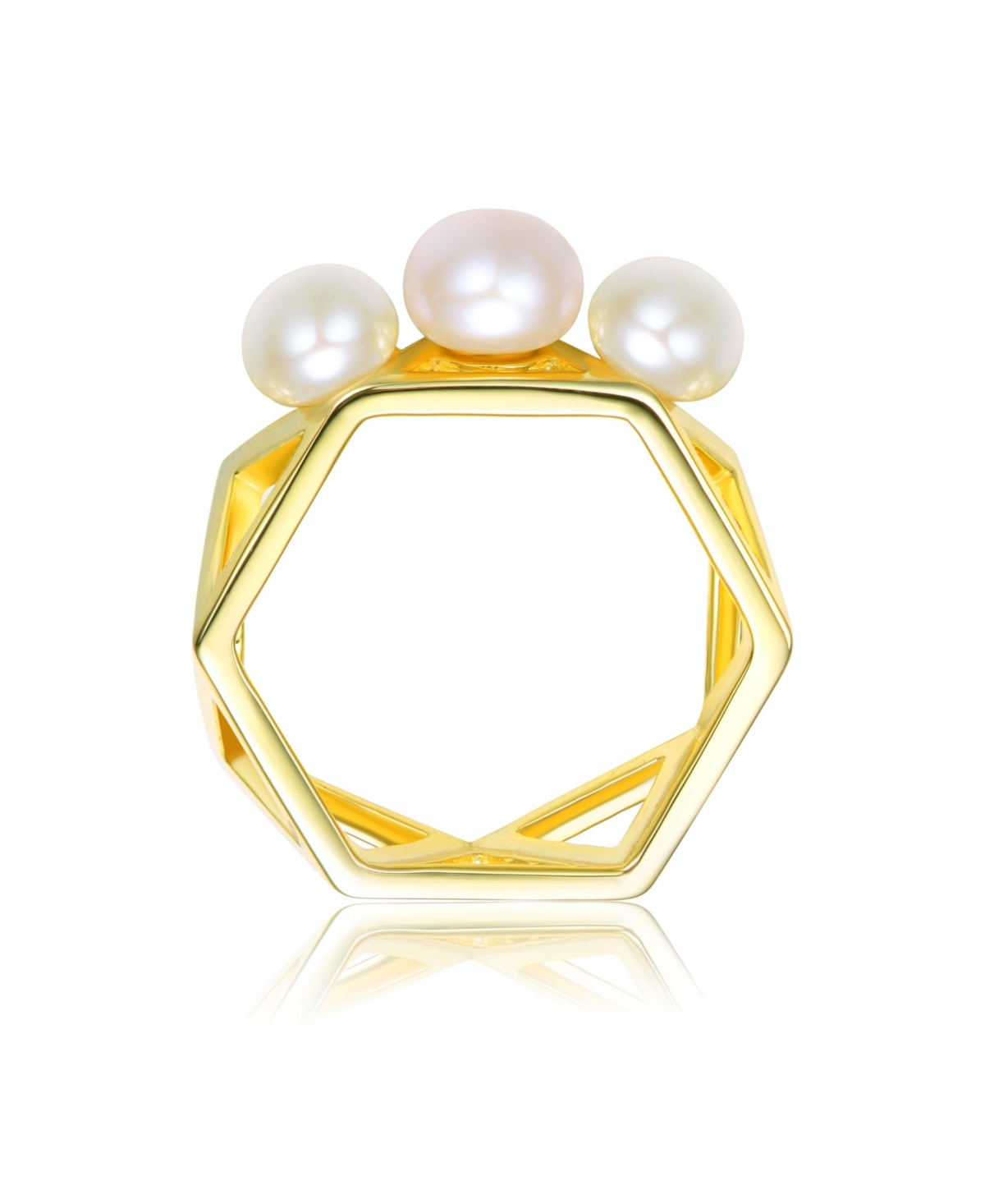 Genevive Sterling Silver with 14KPlated 6-6.5MM freshwater Pearls in Adjacent Triangles Design Geometric Ring - Gold