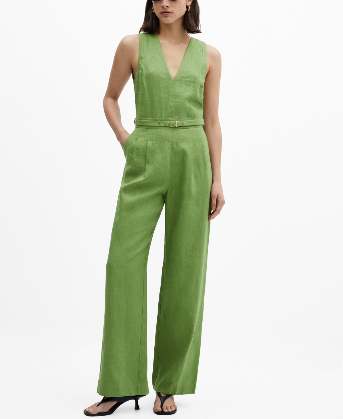Shop Mango Women's Belt Linen Jumpsuit In Green