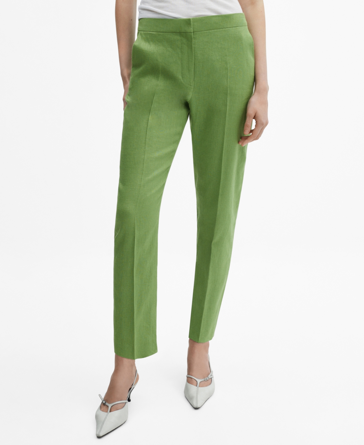 Mango 100% Linen Trousers Green