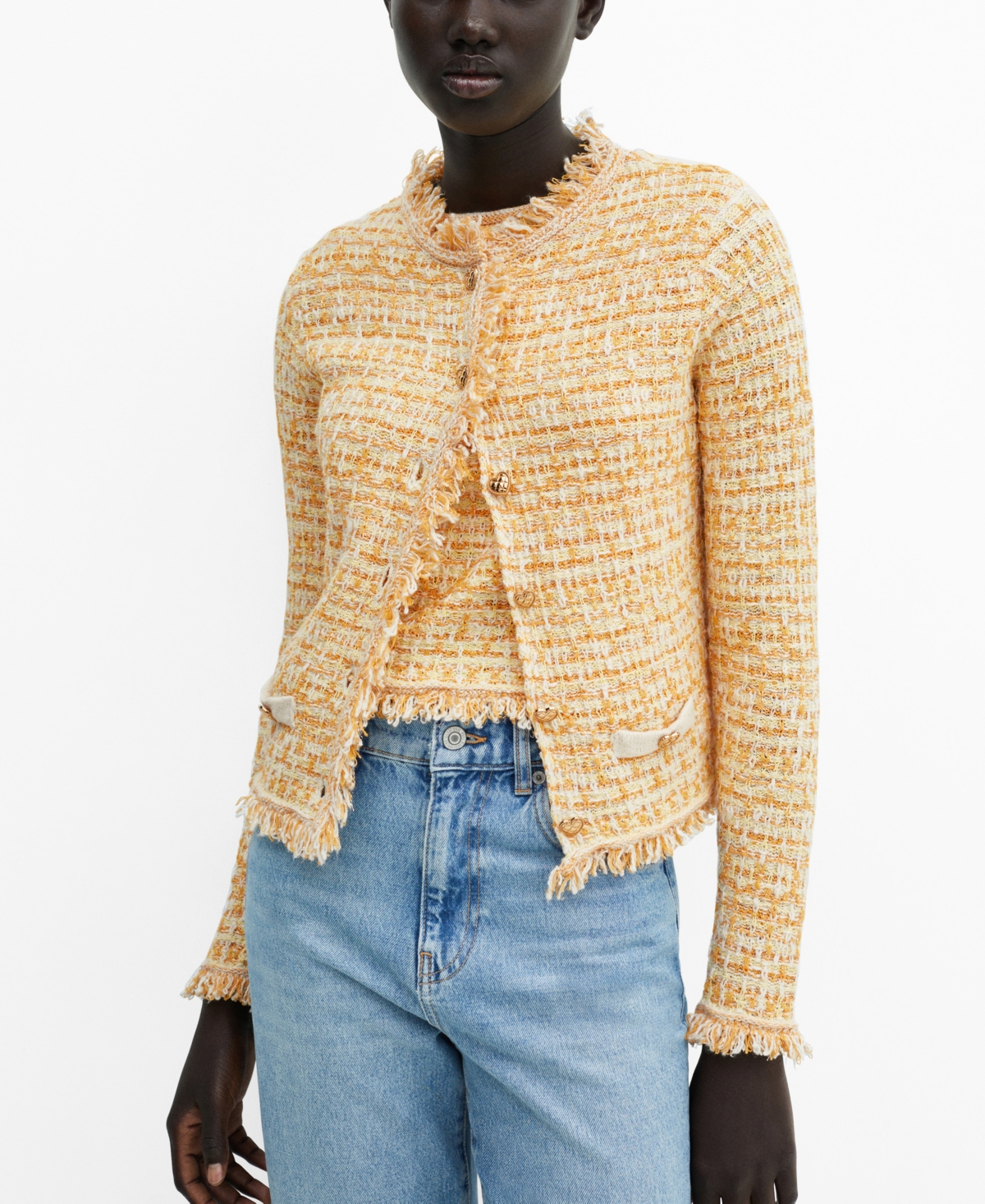 Shop Mango Women's Pocket Tweed Cardigan In Yellow
