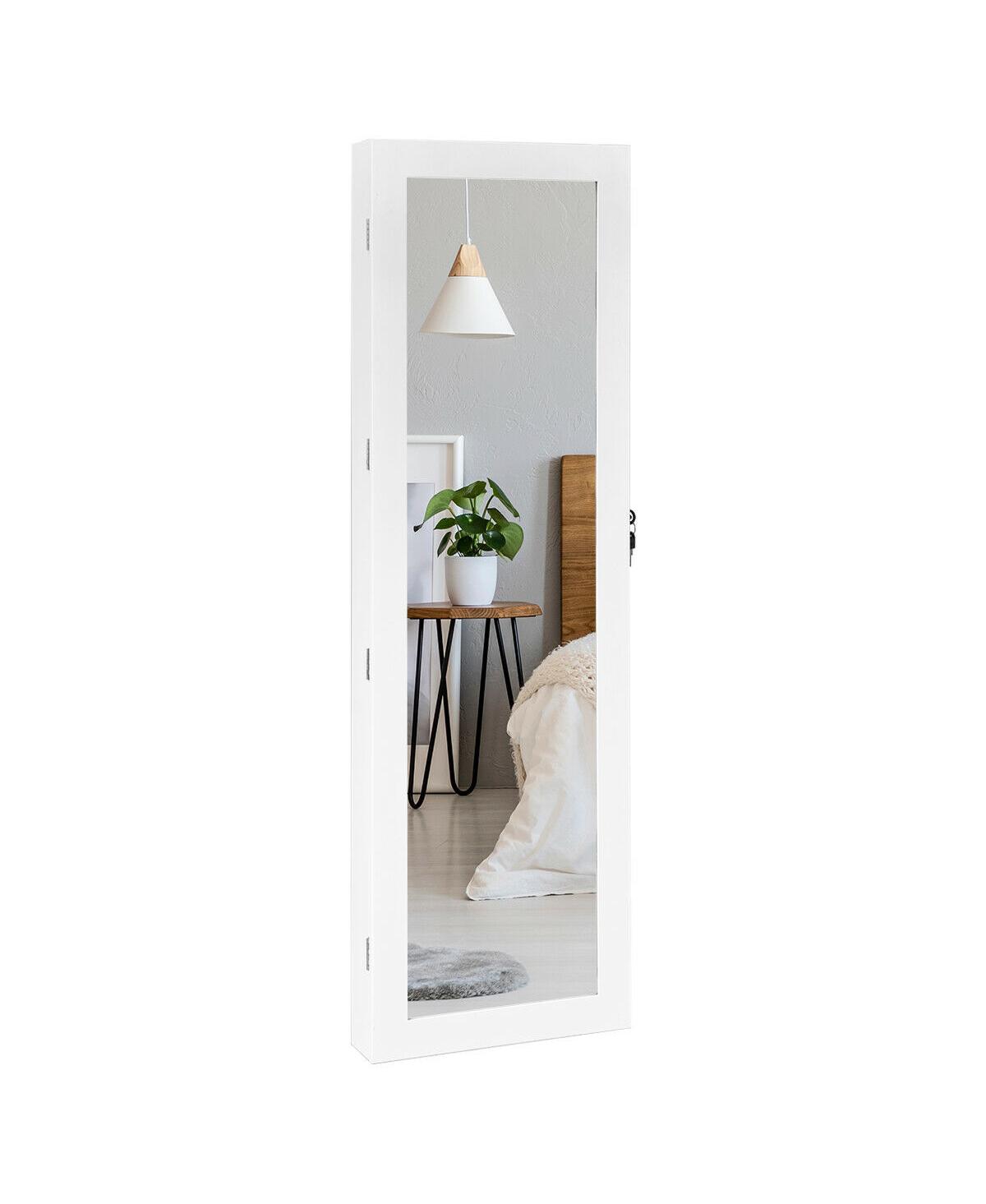 Wall Mounted Lockable Mirror Jewelry Cabinet with Led Light - White