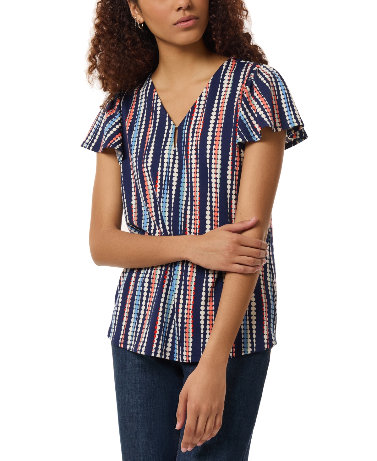 Women's Printed V-Neck Moss Crepe Top - Pacific Navy