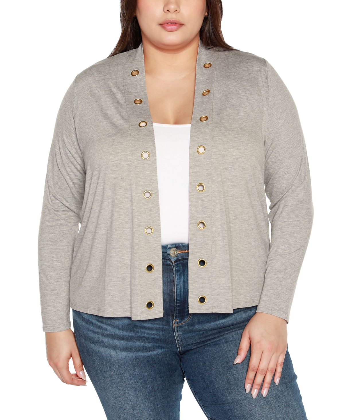 Plus Size Grommet Detail Cropped Knit Cardigan Sweater - Heather Grey