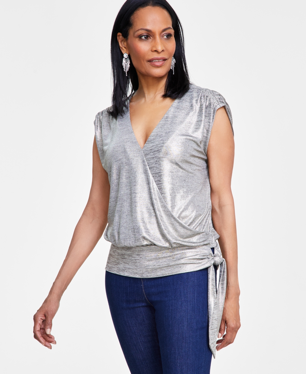 Women's Tie-Waist Surplice Top, Created for Macy's - Foiled Gold