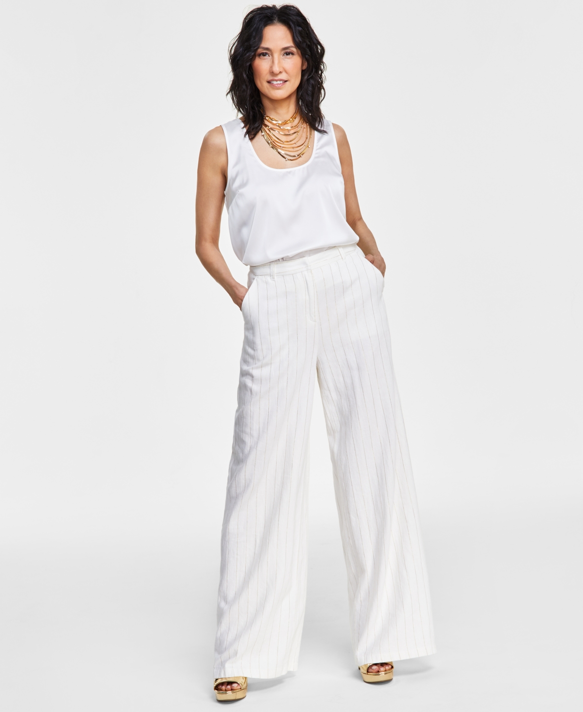 Women's Metallic Pinstripe Wide-Leg Trousers, Created for Macy's - Washed White