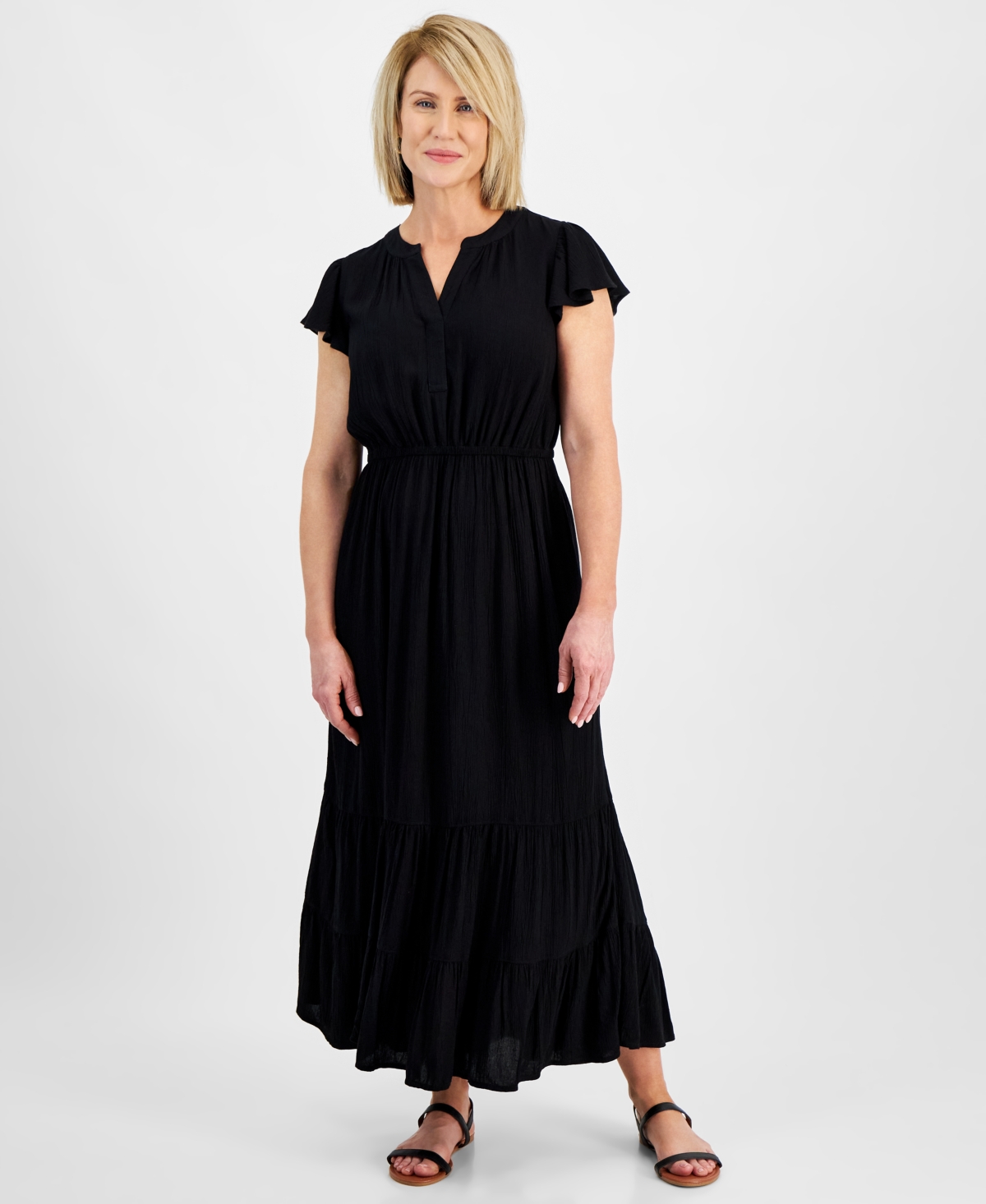 Style & Co Petite Ruffled Tiered Maxi Dress, Created For Macy's In Black