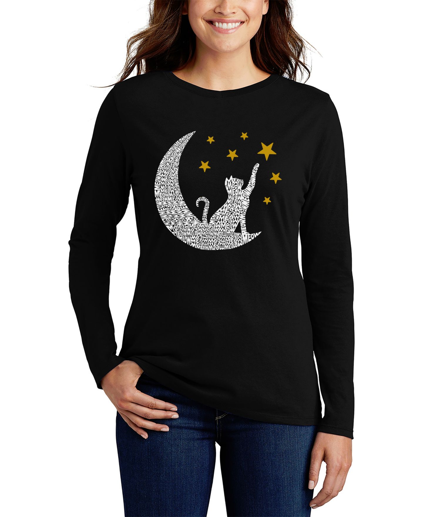 Женская футболка LA Pop Art Word Art Cat Moon Long Sleeve, цвет: Чёрный — фото 1