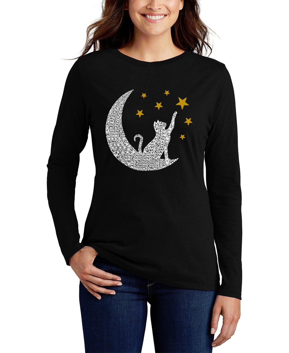 Women's Word Art Cat Moon Long Sleeve T-Shirt - Black