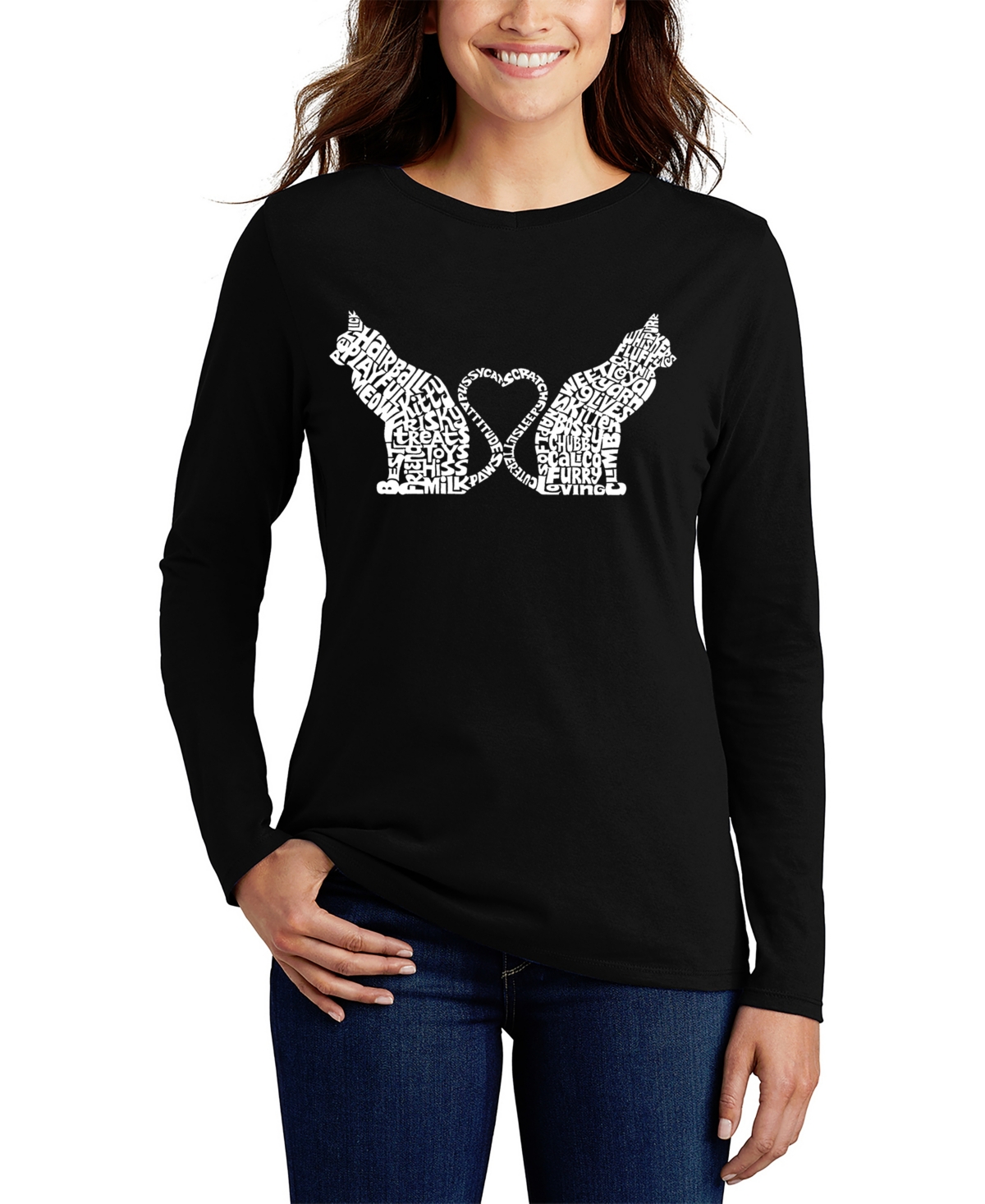 Women's Word Art Cat Tail Heart Long Sleeve T-Shirt - Black