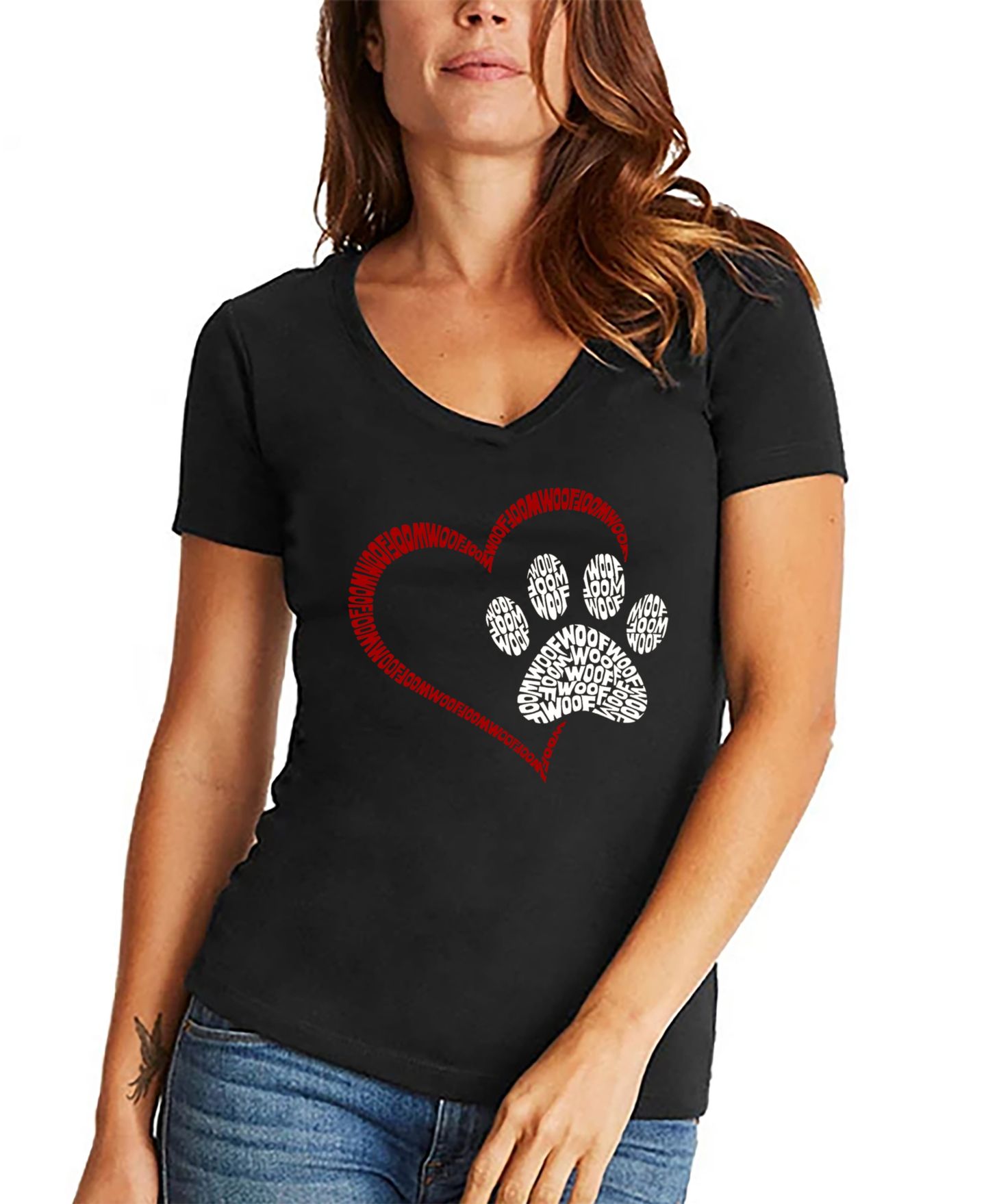 Женская футболка LA Pop Art Word Art Paw Heart V-Neck, цвет: Чёрный — фото 1