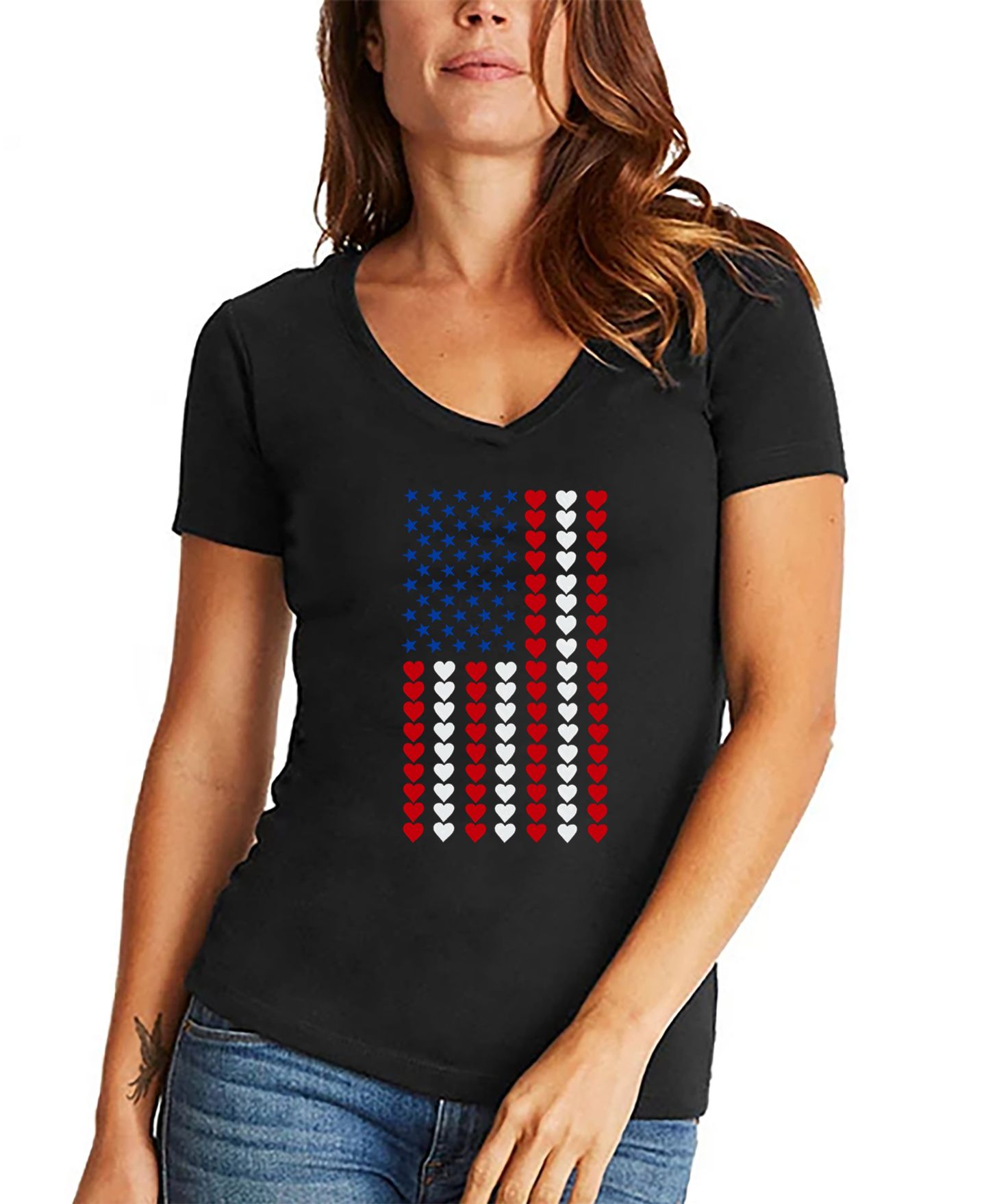 Женская футболка LA Pop Art Word Art Heart Flag V-Neck, цвет: Чёрный — фото 1