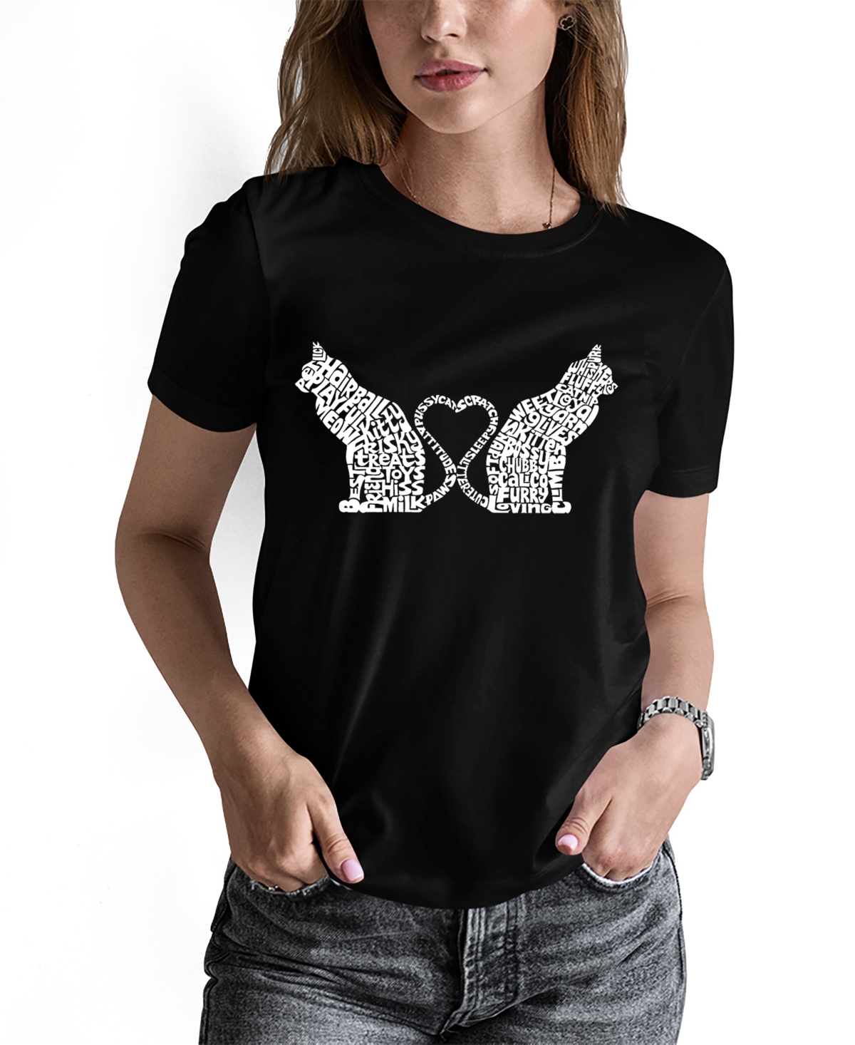 Shop La Pop Art Women's Word Art Cat Tail Heart T-shirt In Black