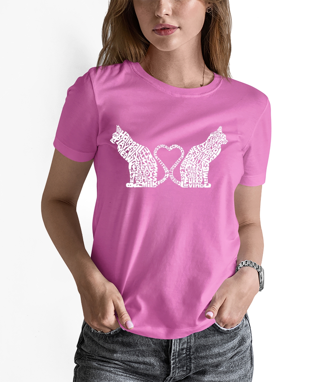 Women's Word Art Cat Tail Heart T-Shirt - Pink
