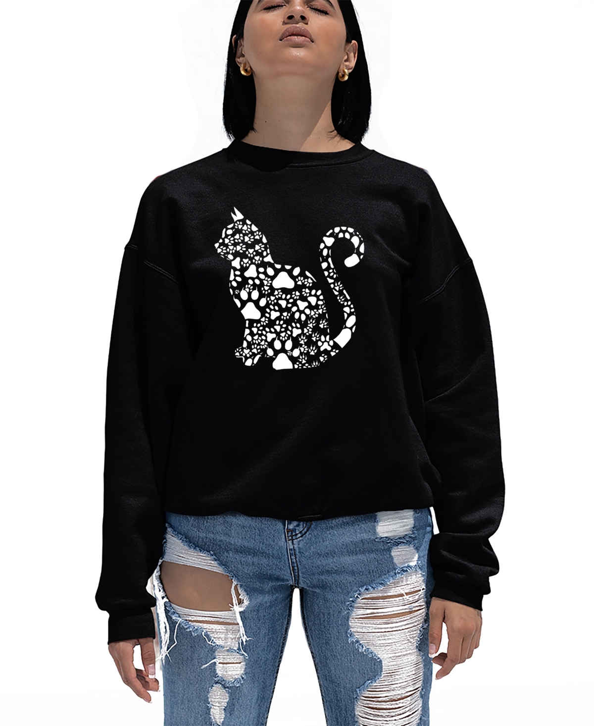 LA POP ART WOMEN'S WORD ART CAT PAWS CREWNECK SWEATSHIRT 