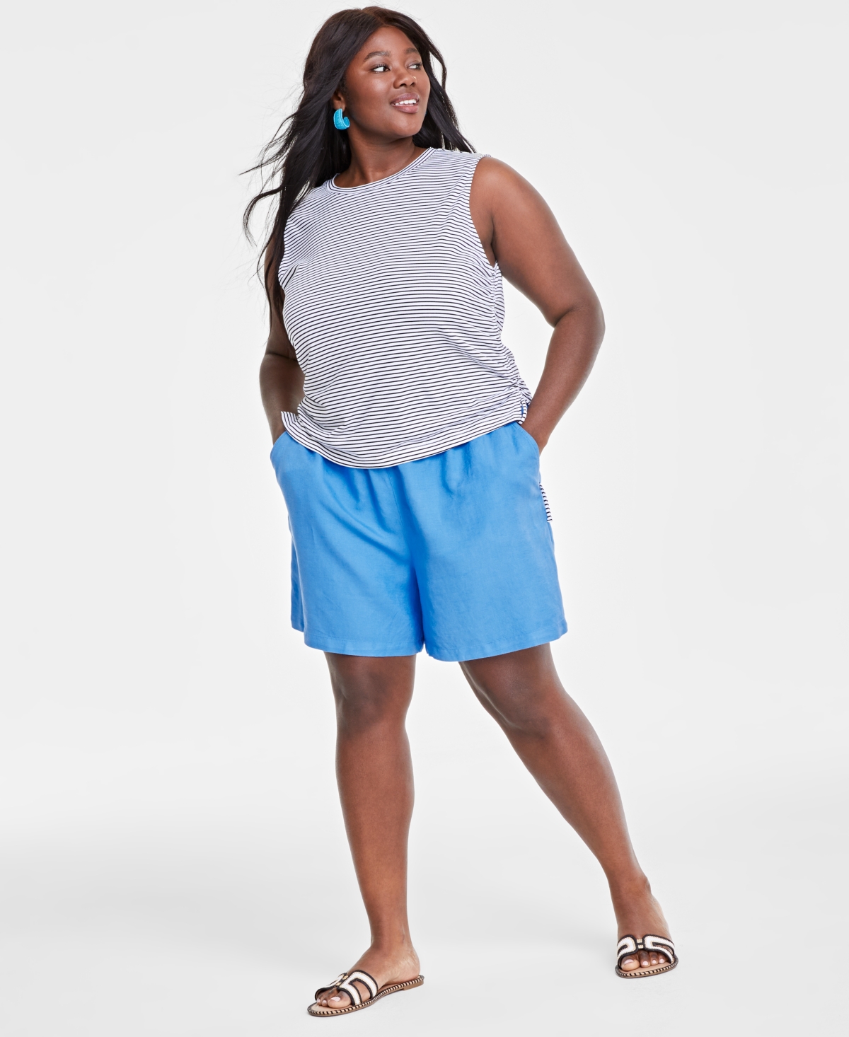 On 34th Trendy Plus Size Striped Cinched Muscle Tee, Created for Macy's