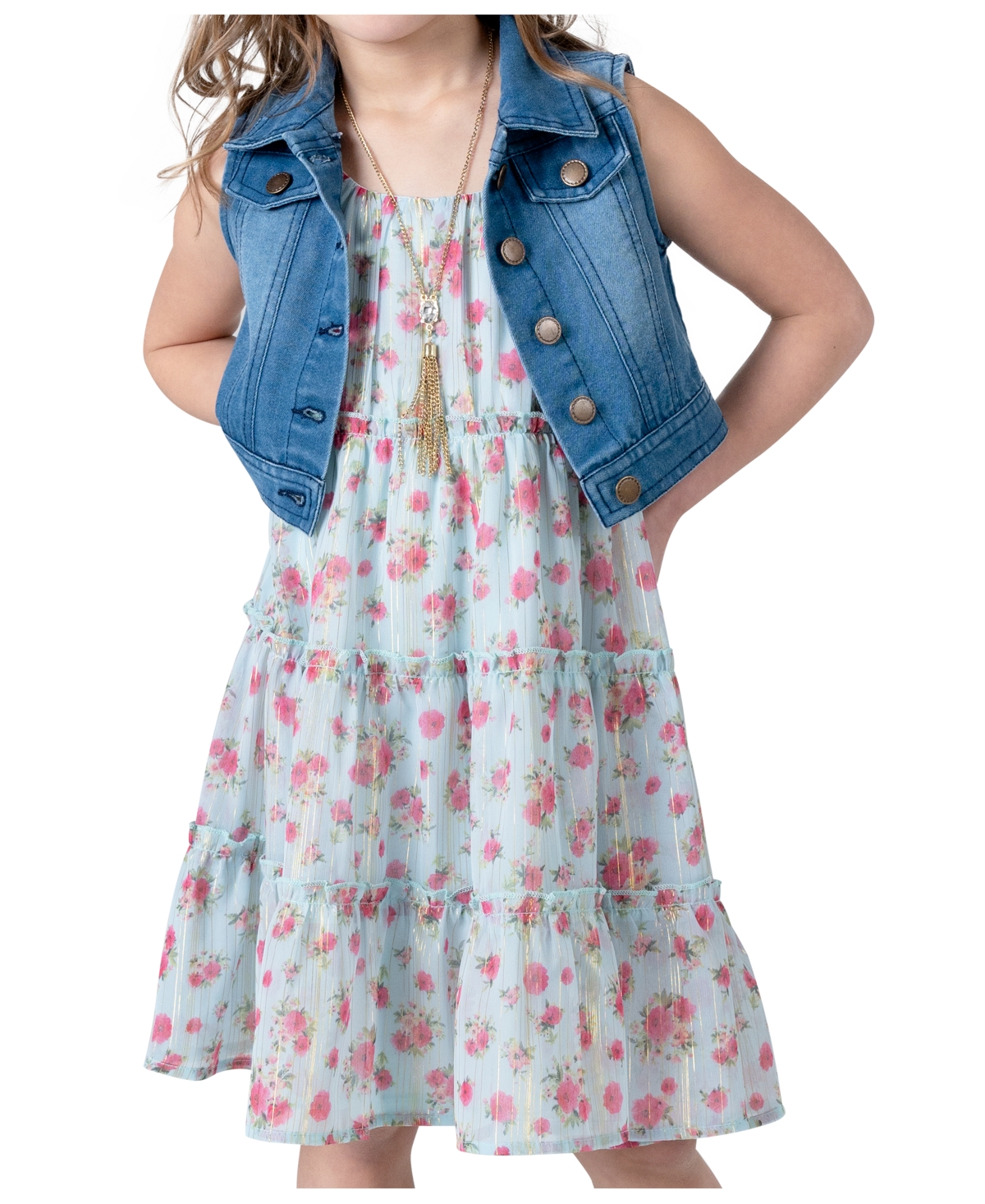 Shop Rare Editions Toddler & Little Girls Denim Vest Dress Outfit With Necklace, 3 Pc In Aqua