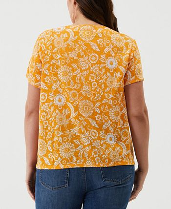 ELLA Rafaella Plus Size Paisley Print Lace-Up Short Sleeve Tee Shirt