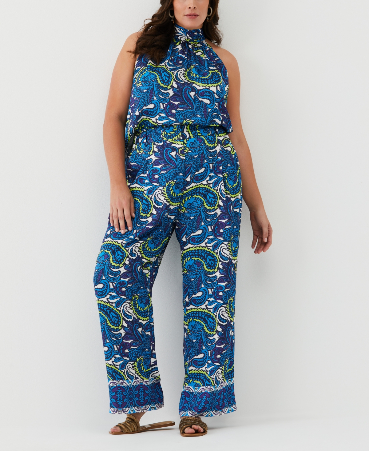 Shop Ella Rafaella Plus Size Paisley Print High Rise Wide Leg Pant In Malibu Blue