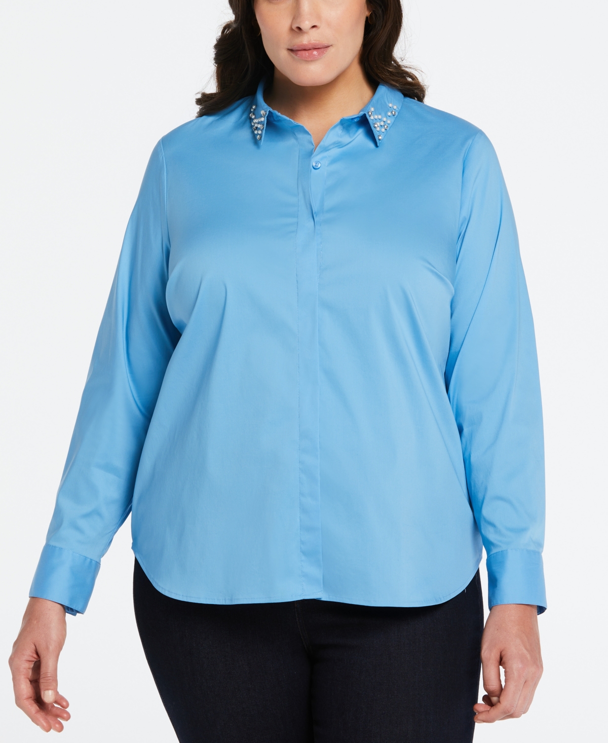 Plus Size Ruched Sleeve Embellished Collar Blouse - Azure Blue
