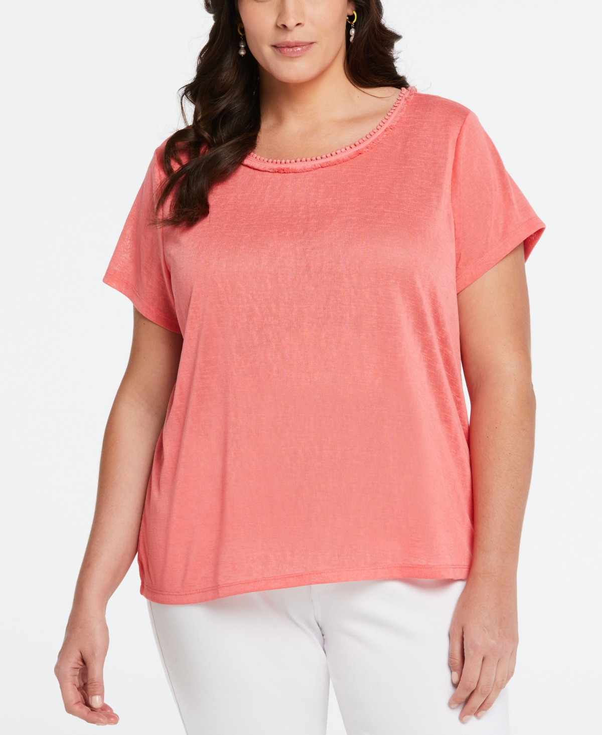 Shop Ella Rafaella Plus Size Eco Fabric Short Sleeve Top With Decorative Trim In Sun Kissed Coral