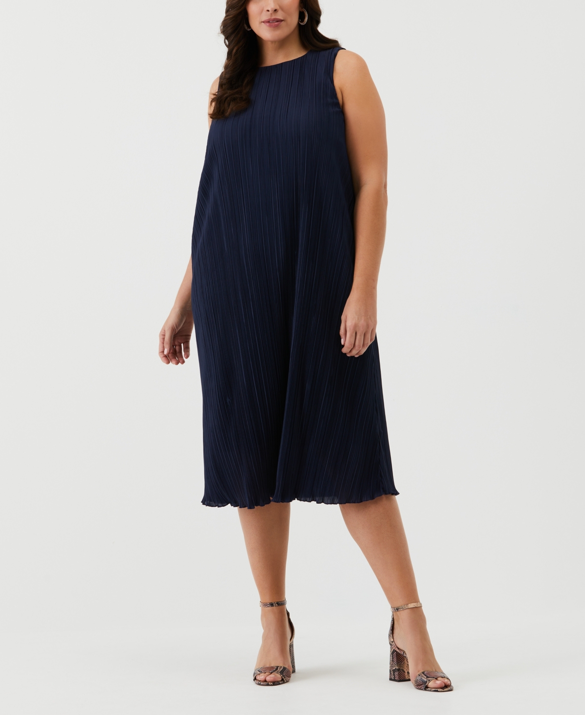 Plus Size Partially Lined Plisse Sleeveless Midi Dress - Peacoat