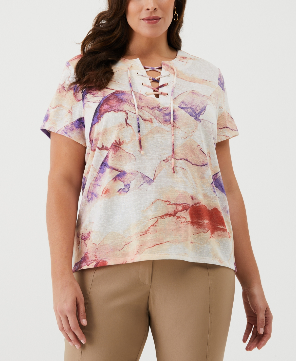Plus Size Eco Watercolor Print Lace-Up Short Sleeve Tee Shirt - Honey Peach