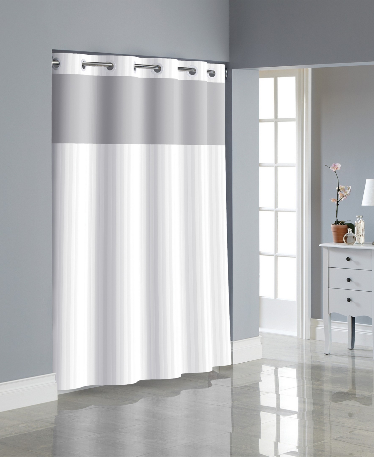 Hookless Satin Stripe Shower Curtain With Liner, 71" X 74" In White