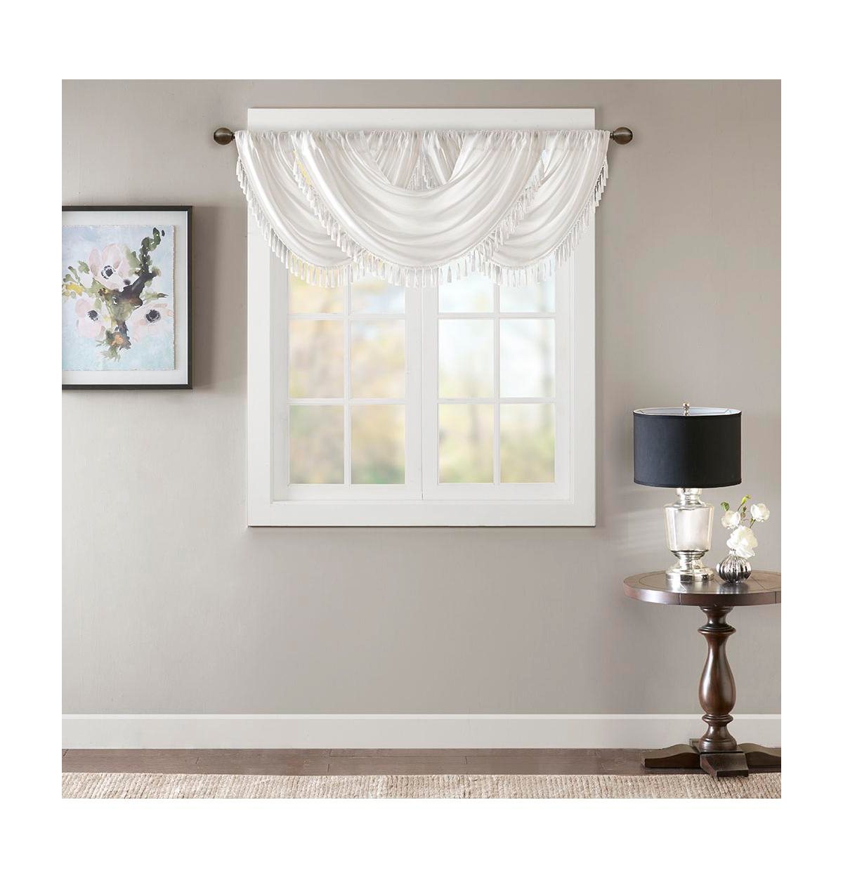 Madison Park Elena Faux Silk Waterfall Embellished Valance Window Valance for Bedroom and kitchen, Lining and Rob Pocket/Back Tab valances for windows