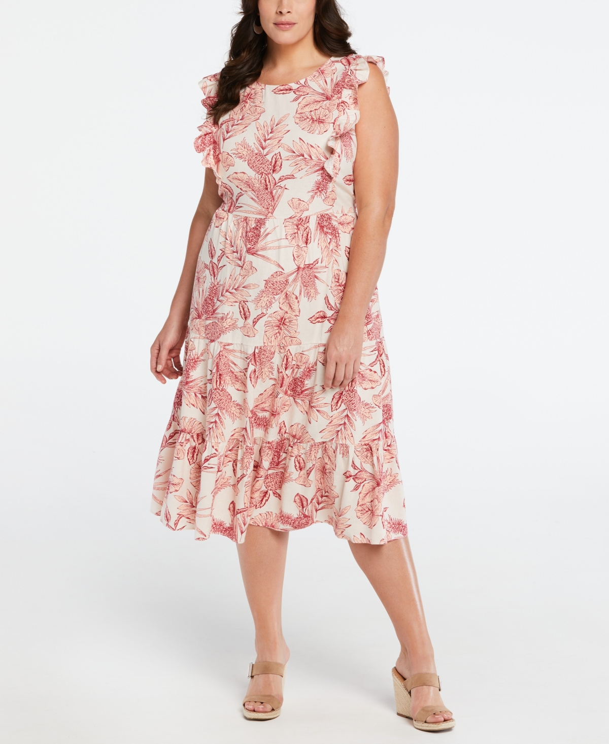 Shop Ella Rafaella Plus Size Linen Blend Flutter Sleeve Midi Tiered Dress In Peach Blush