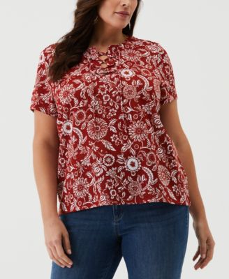 Plus Size Paisley Print Lace-Up Short Sleeve Tee Shirt