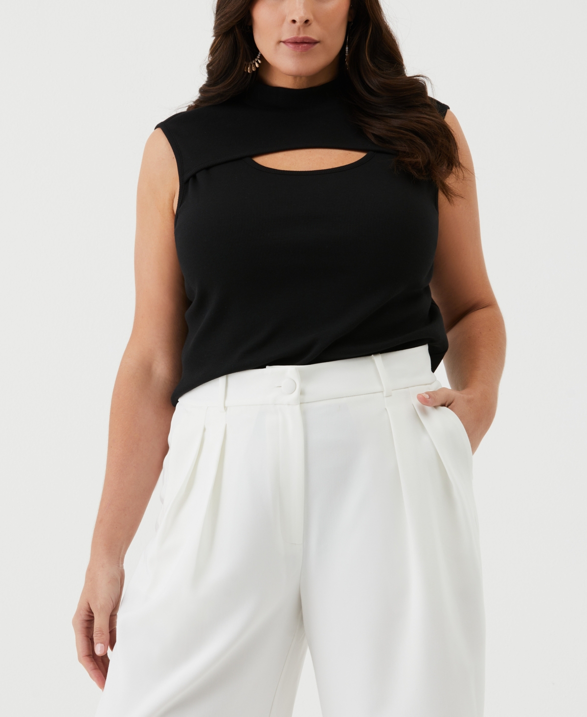 Shop Ella Rafaella Plus Size Cutout Ribbed Sleeveless Tank Top In Black