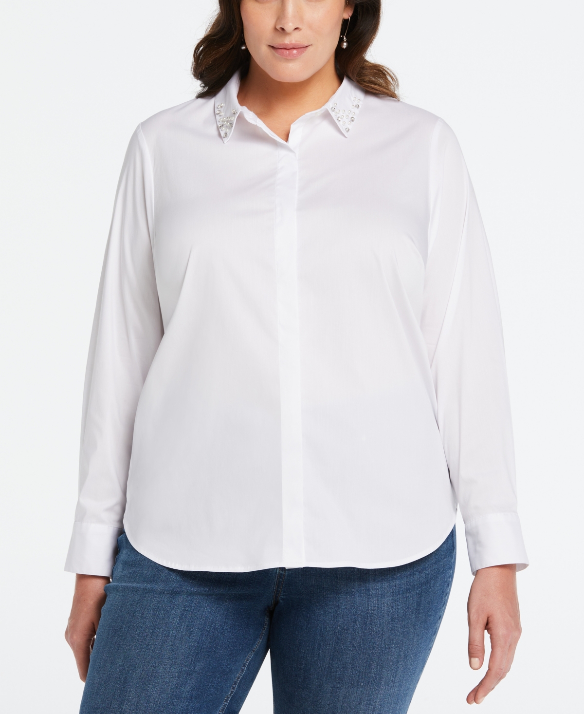 Shop Ella Rafaella Plus Size Ruched Sleeve Embellished Collar Blouse In White