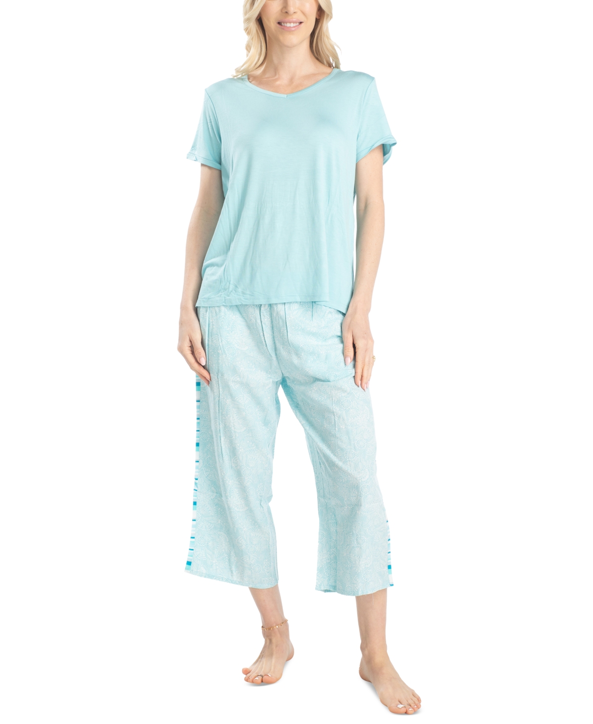 Shop Muk Luks Women's 2-pc. Coastal Life Cropped Pajamas Set In Blue Paisley