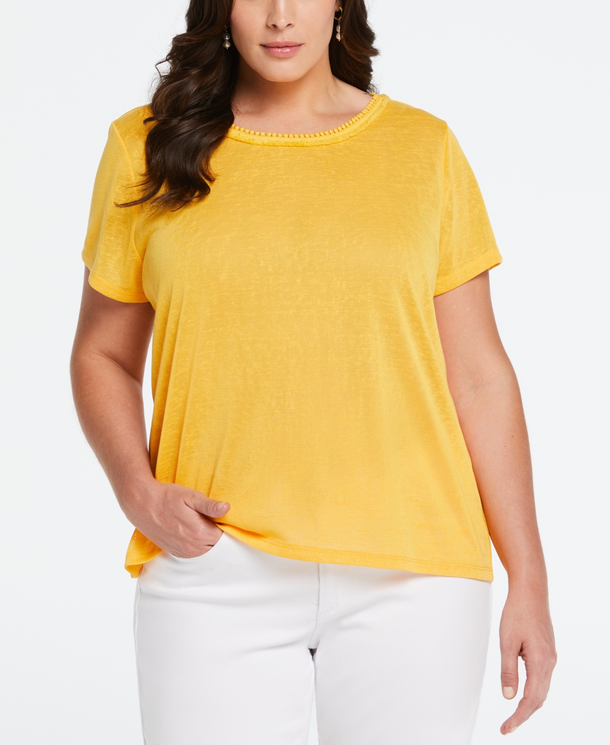 Shop Ella Rafaella Plus Size Eco Fabric Short Sleeve Top With Decorative Trim In Amber Yellow