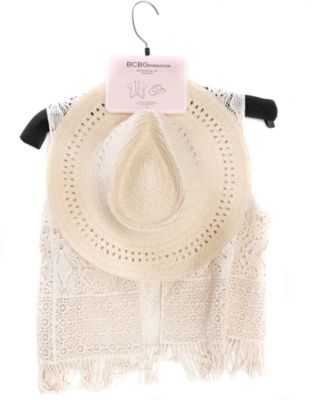 BCBGeneration Women\'s Open Stitch Vest and Cowboy Hat Set The Hive – White Wide-Brim Faux Leather Cowboy Hat Worn by  main image 3