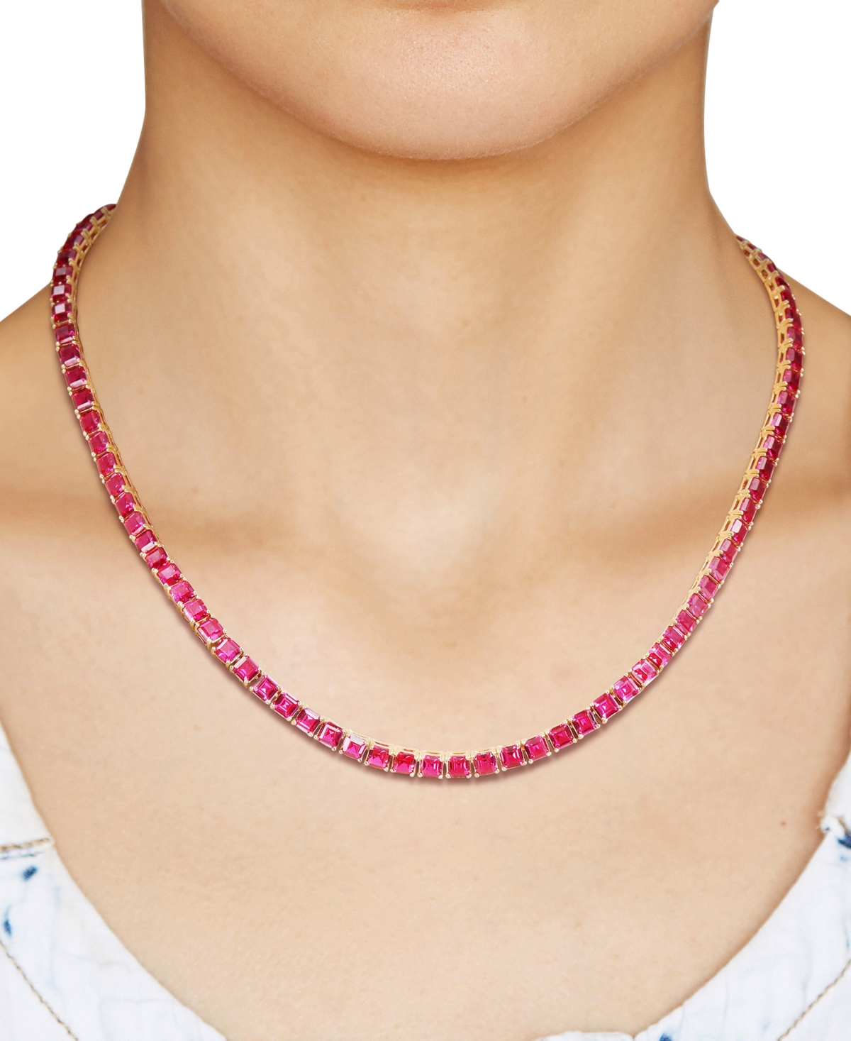 Macy's Lab-grown Ruby 18" Tennis Necklace (48-1/2 Ct. T.w.) In Gold-plated Sterling Silver In Ruby