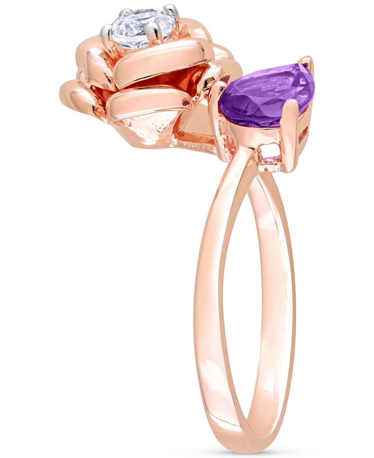 Shop Macy's Amethyst (5/8 Ct. T.w.) & White Topaz (1/3 Ct. T.w.) Rose Bypass Ring In Rose-plated Sterling Silver